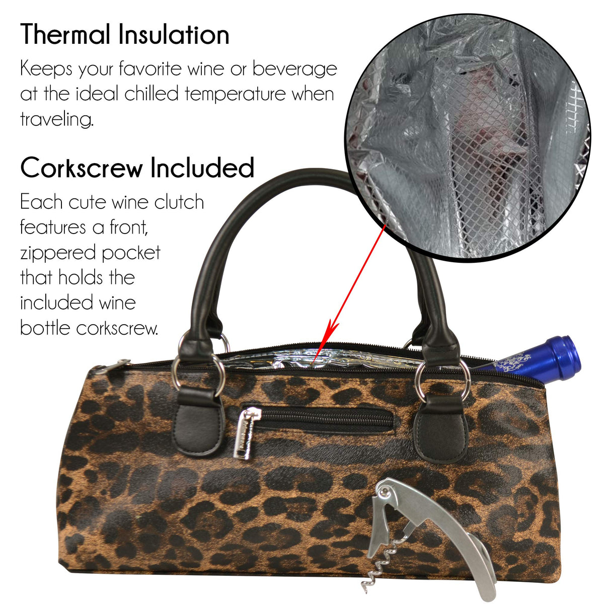 Primeware Wine Clutch Bag (Thermal Insulated) Trendy Women’s Carry Tote | Holds Red & White 750mL Bottles | Trendy Fashion | Incl. Portable Waiter-Style Corkscrew (Cougar)