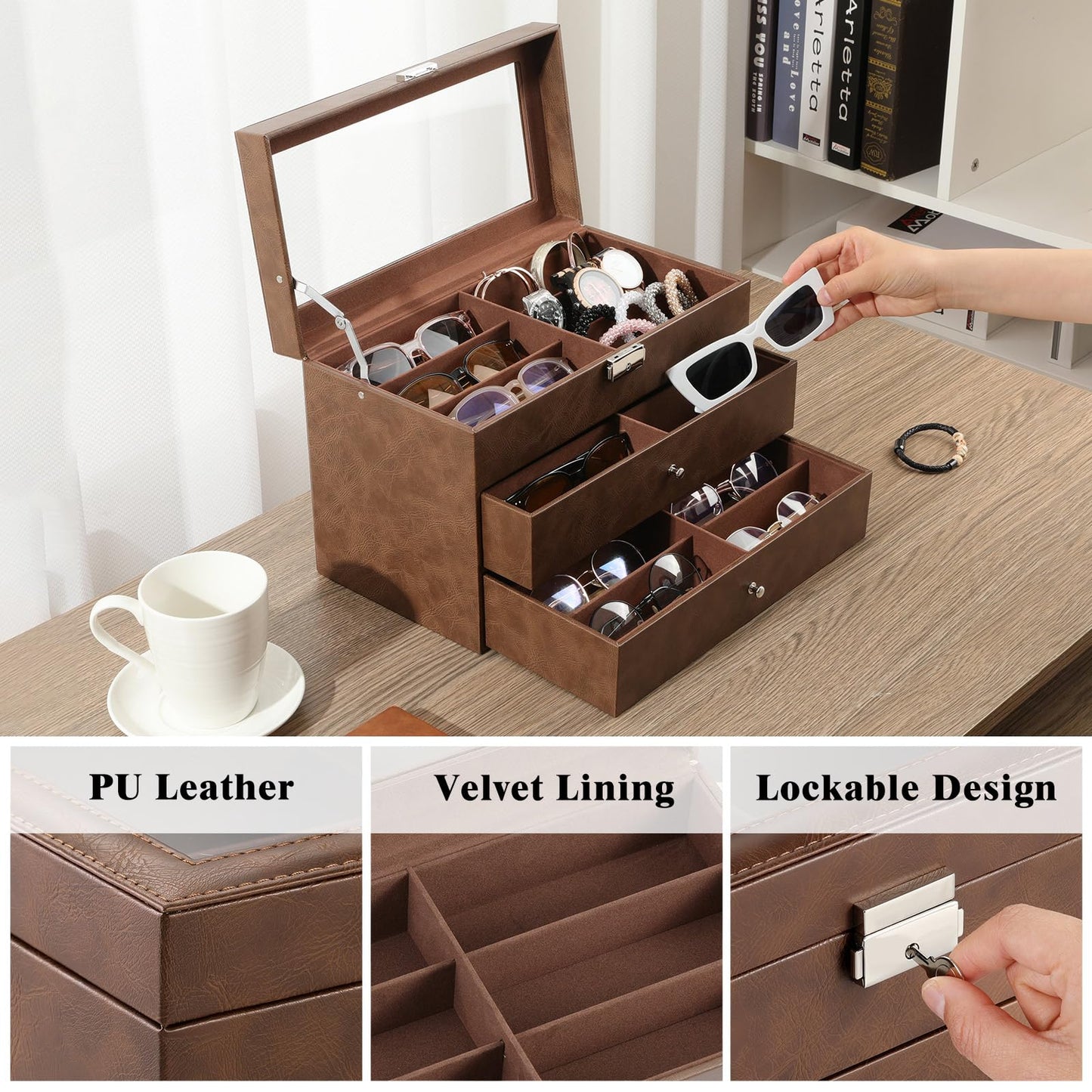 MoKo Sunglasses Organizer with 18 Slots, 3-layer Leather Sunglass Display Collection Holder Case with Drawer Clear Glass Lid, Lockable Eyeglass Glass Jewelry Watch Storage Box for Women Men, Brown