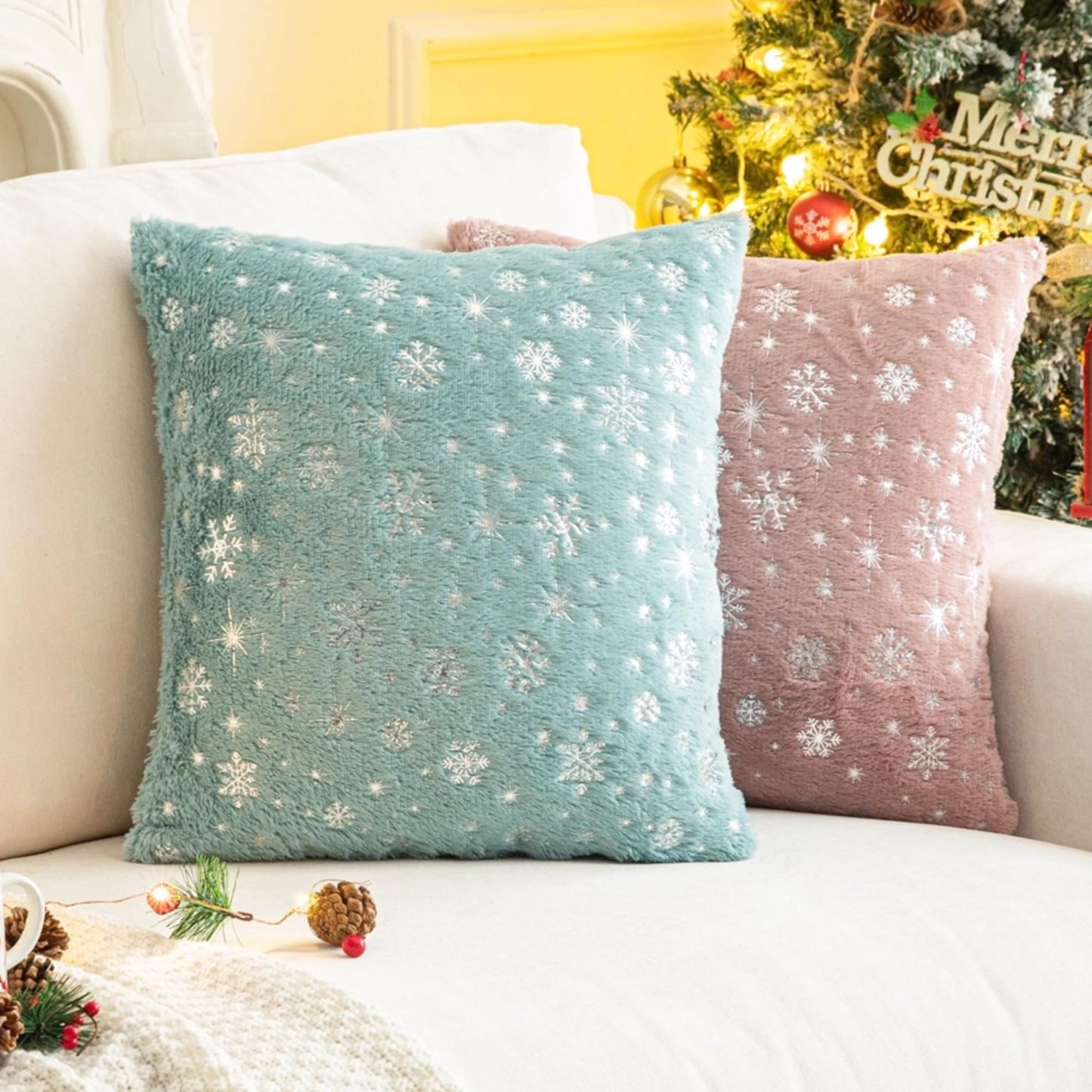 AQOTHES Soft Faux Fur Fuzzy Cute Decorative Throw Pillows Covers with Snowflake Glitter Printed Pillowcases for Christmas Decor Home Bed Room Sofa Chair Couch, Pink 18x18 inch, Pack of 2