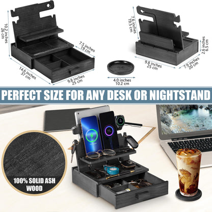 Black Wood Phone Docking Station for up to 3 Phones - Nightstand Organizer for Men & Women, Compatible with Apple Watch, Holds Phones, Tablets, Keys, Rings, Glasses, Watches, EDC & More