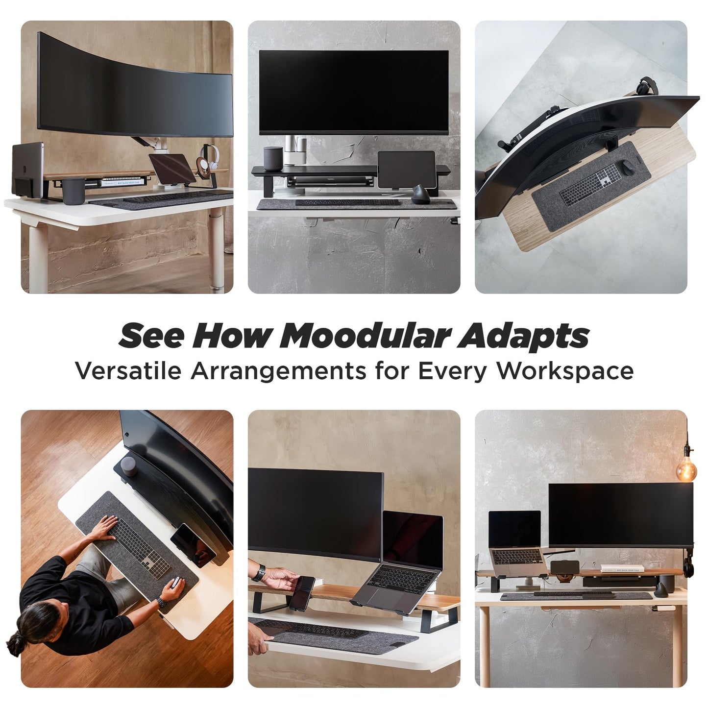 ULTRARM Moodular Wooden Monitor Stand 45.6” (116cm) Large Desk Organizer with Metal Slide Rails for Drawer, Tray, Laptop, Tablet, Phone & Headphones Customizable Riser for Organized Workspace Black