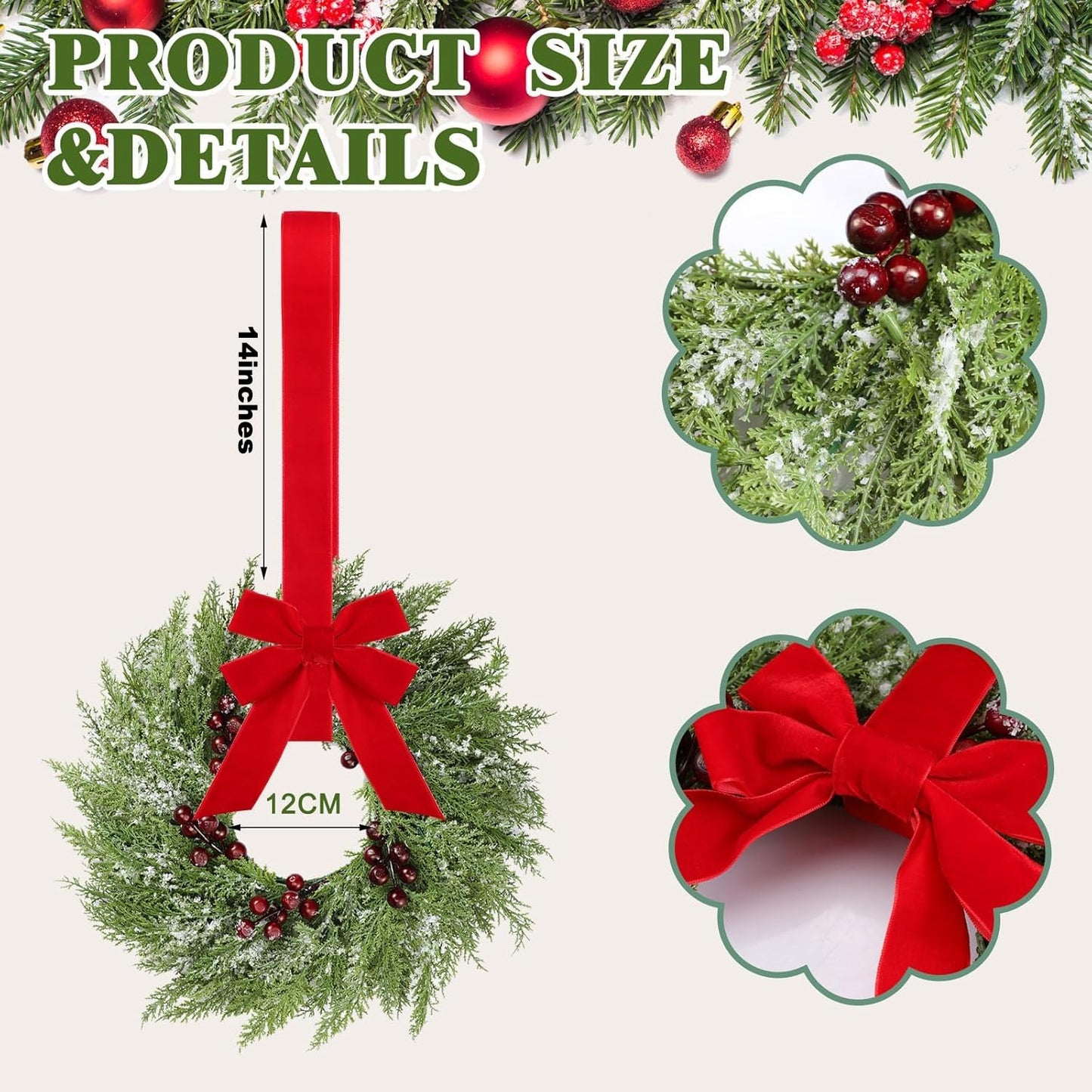 4 Pcs Small Christmas Norfolk Wreaths 15 Inch Christmas Kitchen Cabinet Mini Wreath with Bow Ribbon Cedar Berry for Xmas Front Door Window Chair Fireplace Table Pillar Farmhouse