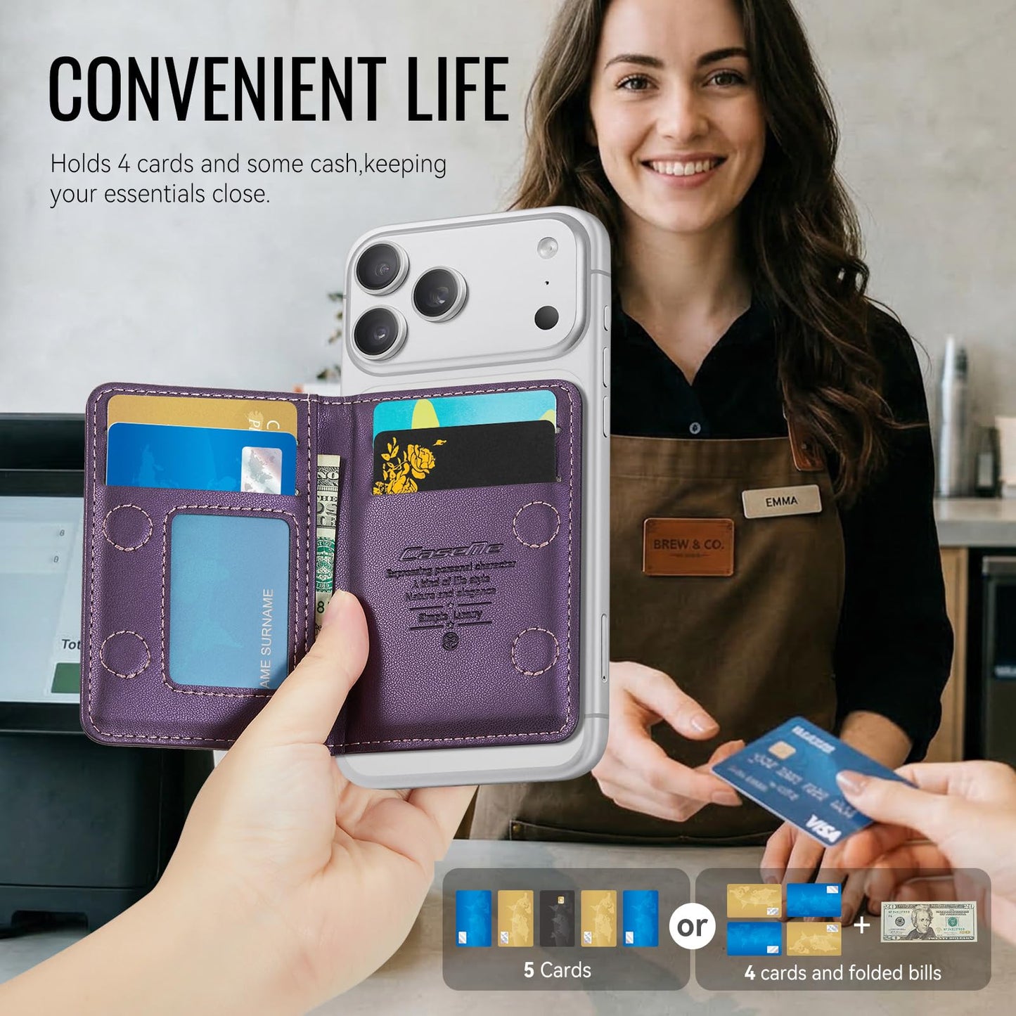 XIMAND Magnetic Wallet Card Holder with RFID Protection, PU Leather Slim Wallet, Strong Magnet Attachment for iPhone 18/17/16/15/14/13/12 Series Pro Max Plus Mini-Purple