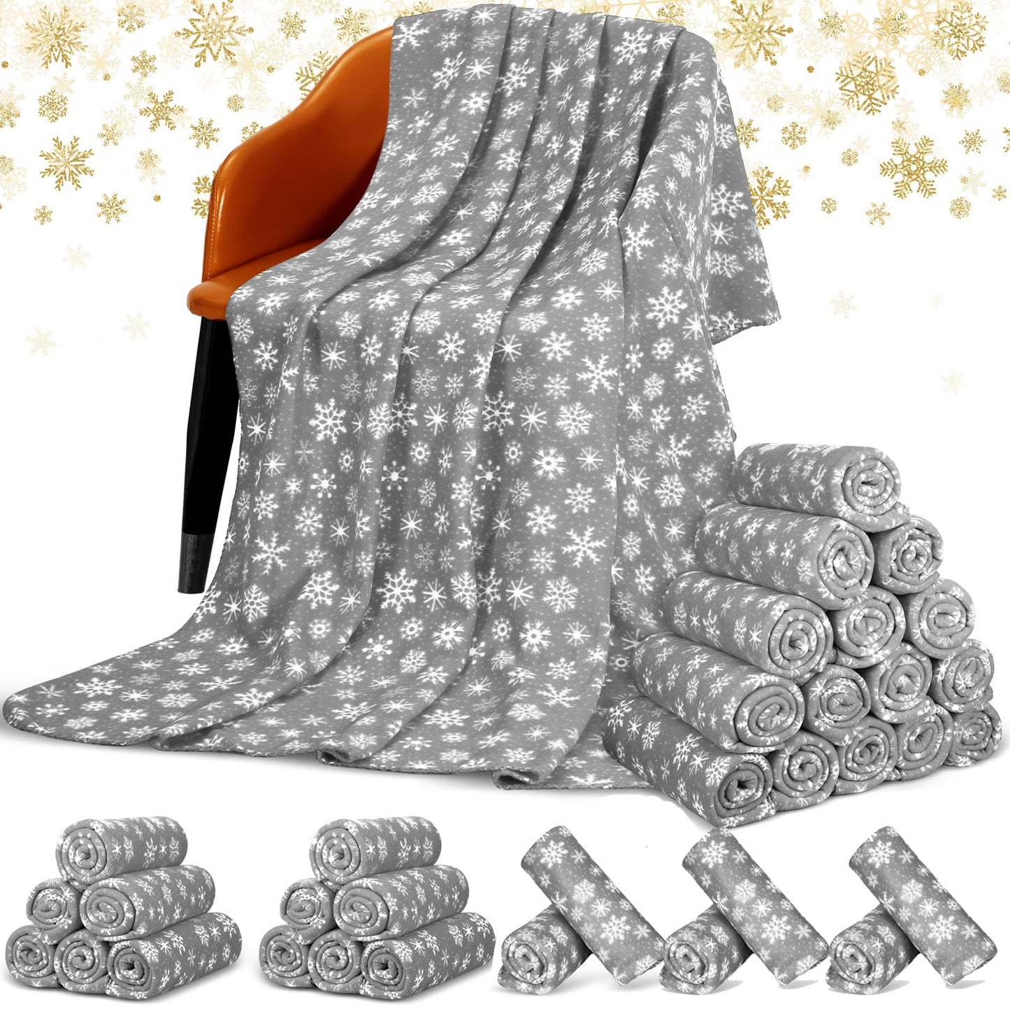 Moukeren 24 Pcs Christmas Snowflake Throw Blanket Bulk, 59 x 47 Inch Xmas Winter Throw Blanket Christmas Warm Soft Cozy Fleece for Home Bedding Couch Chair Gift (Gray)