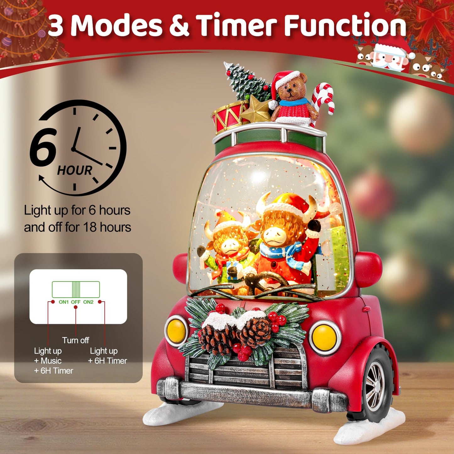 Christmas Snow Globe Lantern with 8 Holiday Music, Christmas Water Snow Globe USB/Battery Powered 6H Timer, Glitter Snowfall Two Bison Scene for Family Friends (Two Bison)
