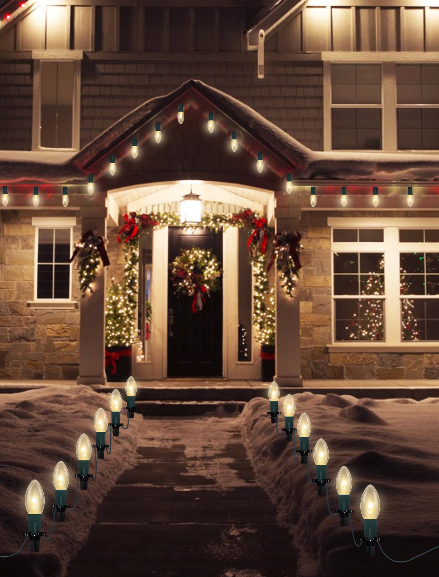 GOOTHY Christmas Pathway Lights Outdoor, 38Ft Outdoor Xmas Decorations String Lights with 25 C9 Warm White Christmas Pathway Stakes Lights for Walkway Yard Lawn Sidewalk Driveway Garden