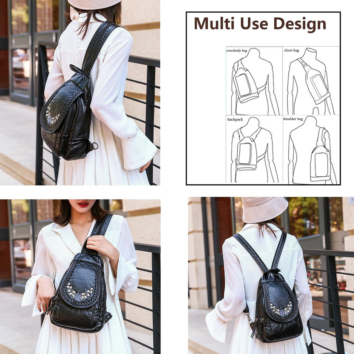 HUAZHIMAO Mini Backpack for Women, Soft Washed PU Leather Small Backpack Purse for Women, Waterproof Fashion Shoulder Bag, Ladies Travel Black Rucksack Handbags Bags with Beautiful Flower Pattern