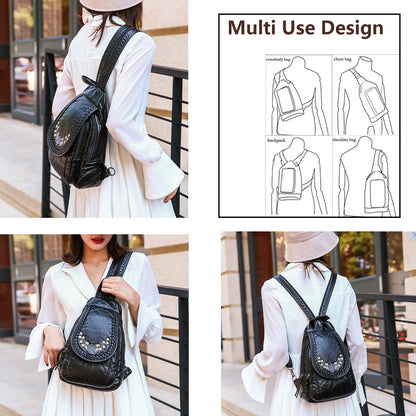 HUAZHIMAO Mini Backpack for Women, Soft Washed PU Leather Small Backpack Purse for Women, Waterproof Fashion Shoulder Bag, Ladies Travel Black Rucksack Handbags Bags with Beautiful Flower Pattern