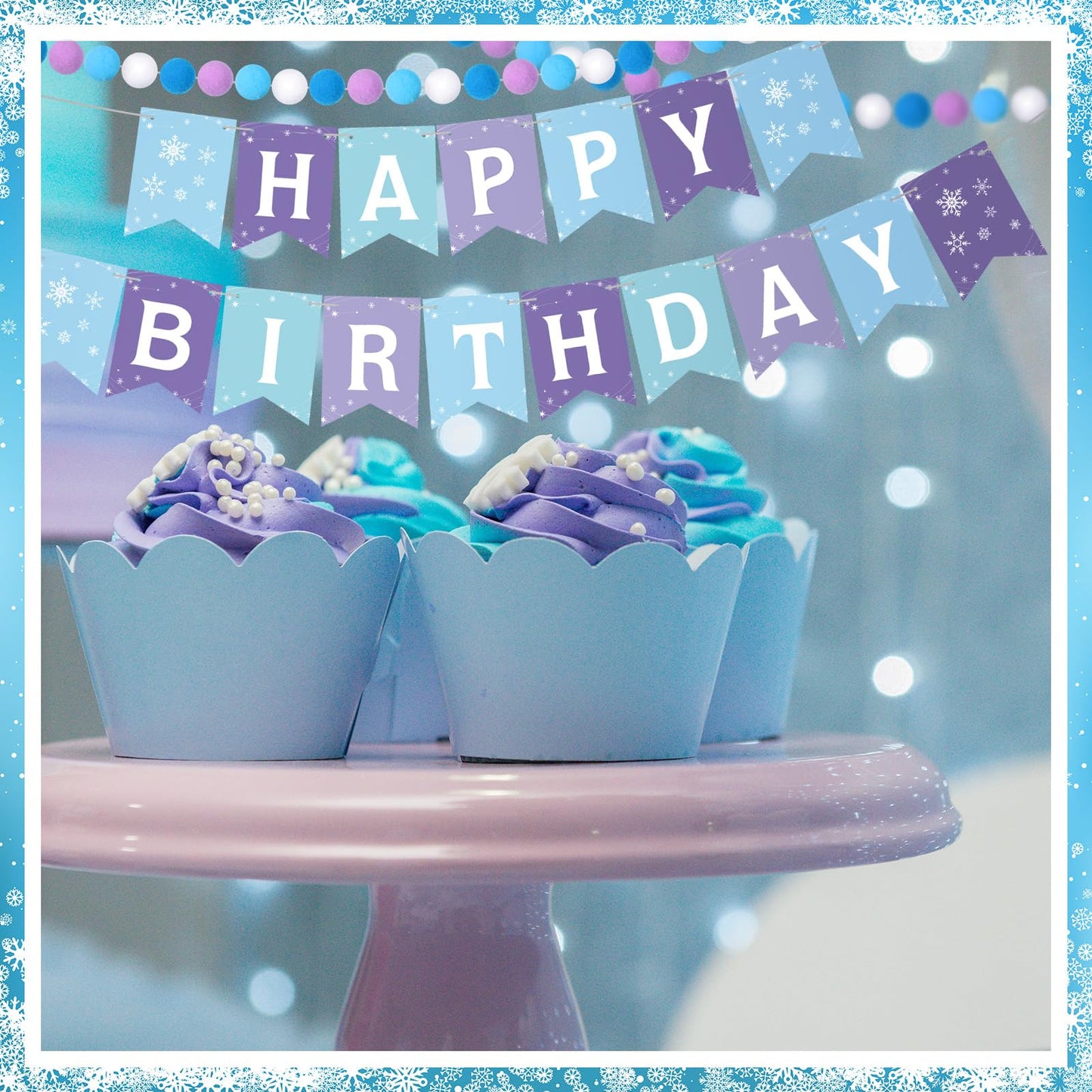 Fanfanwin 5 Pcs Snowflake Happy Birthday Banner Blue Snowflake Banner with Felt Castle Decorations Winter Holiday Party Decorations for Birthday Christmas