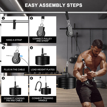 HWOOUSA Cable Pulley System for Home Gym, Silent Heavy Duty Pulley Kit Fits 1 & 2" Plates, Tricep Pull Down & Bicep Curl Attachment for Power Racks, 350LBS Capacity Strength Training Equipment