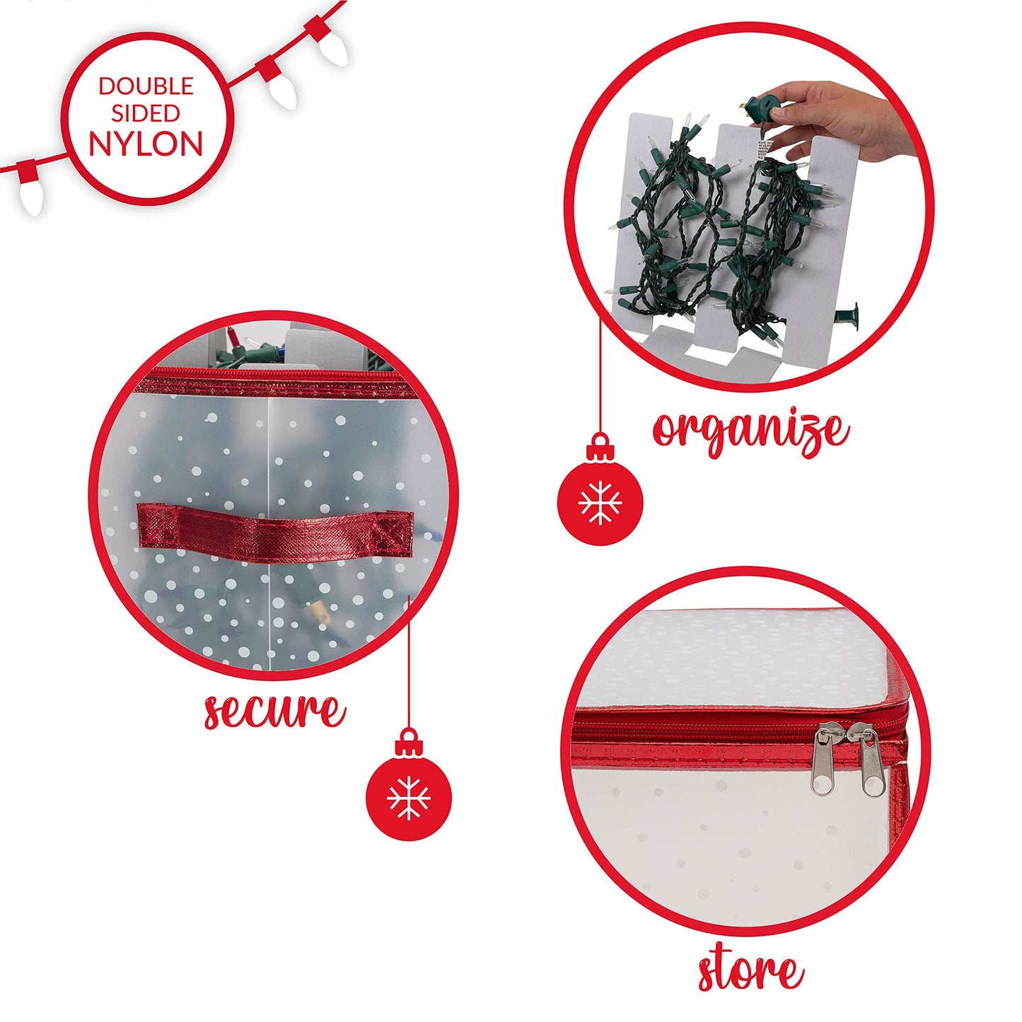 Simplify Holiday Light Organizer Box | Holds 500 Lights | Christmas Storage | Tree String Lights | 5 Divider Reels | Collapsible | Ultra Zip | Red