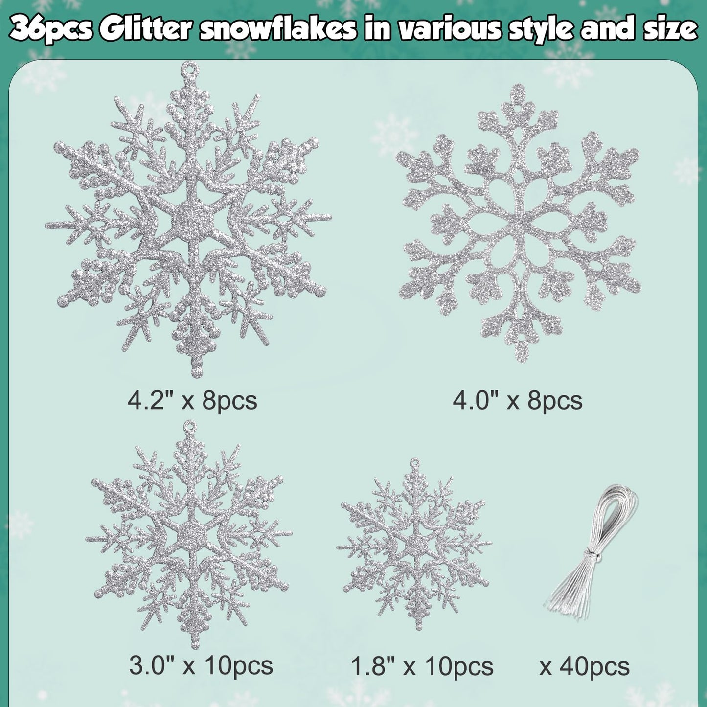 36pcs Christmas Silver Snowflake Ornaments Plastic Glitter Snow Flakes Ornaments for Winter Christmas Tree Decorations Size Varies Craft Snowflakes