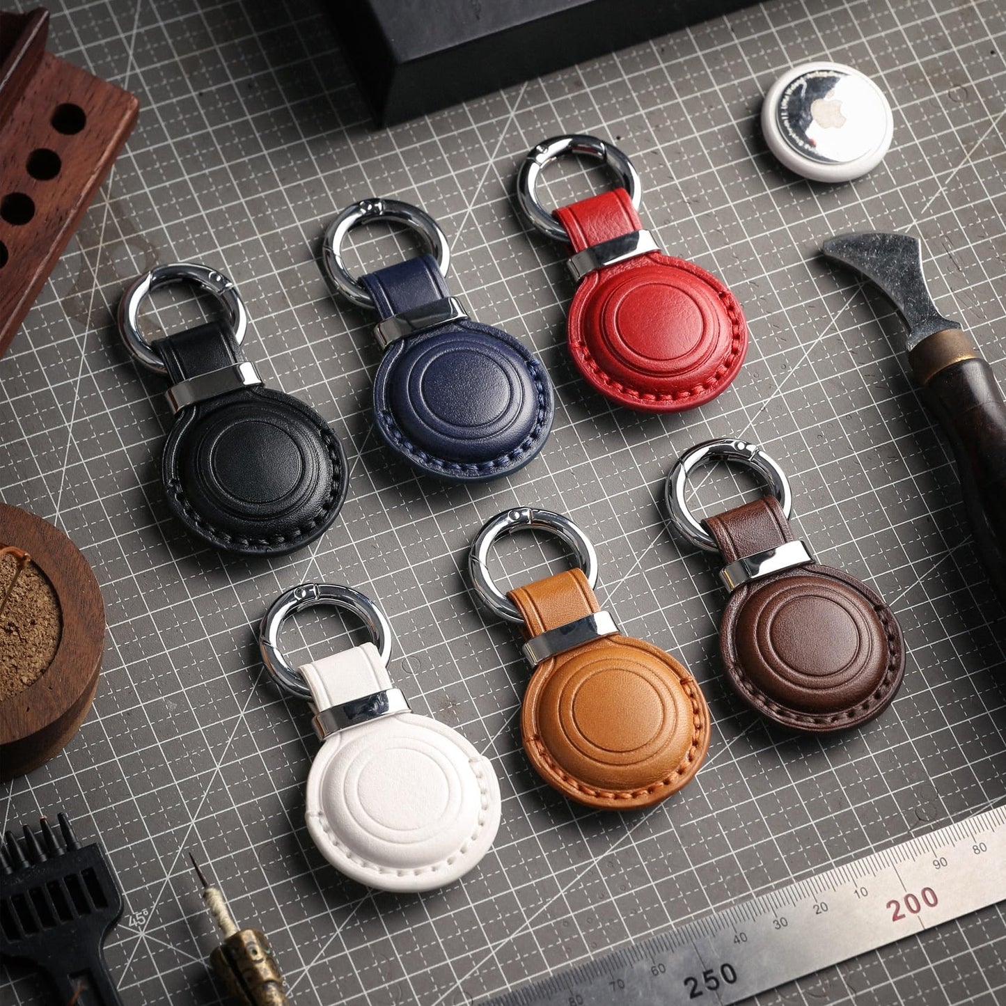 Jayanes Genuine Leather Keychain Holder Compatible with AirTag - Secure Case Cover Key Ring Chain Fob Accessories Intended for Air Tag - Black (2 Pack)