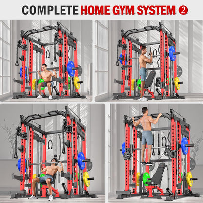 Smith Machine with Cable Crossover System, Multi-Function Power Cage Squat Rack for Home Gym, Power Rack and Packages Weight Sets. (Red, L04-Smith Machine+Bench+(Pole+Cast lron) 250LBS)