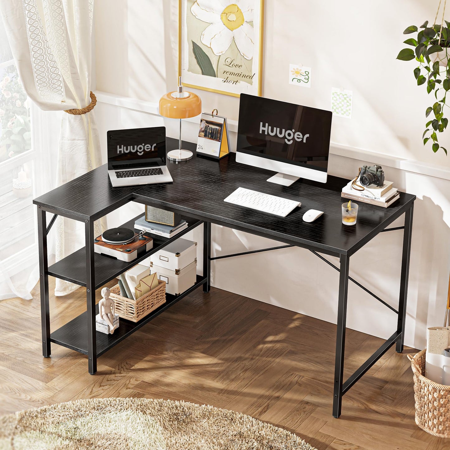 Huuger L Shaped Desk, 47 Inches Computer Desk with Reversible Storage Shelves, Gaming Corner Home Office Writing Study with Metal Frame, Black