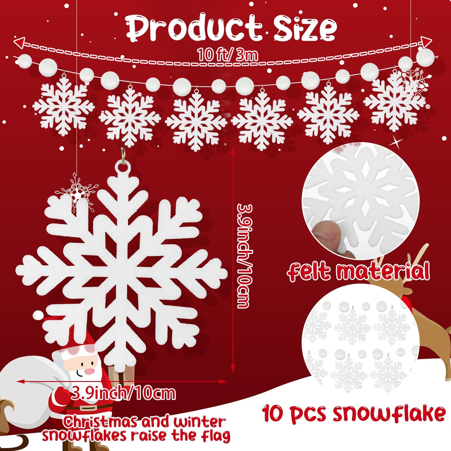 VioraWhite Christmas Decorations Felt Snowflake Banner Winter Pom Pom Hanging Garland Christmas White Snowflake Snow Ball String Banner for Winter Xmas Party Fireplace Mantle Decor