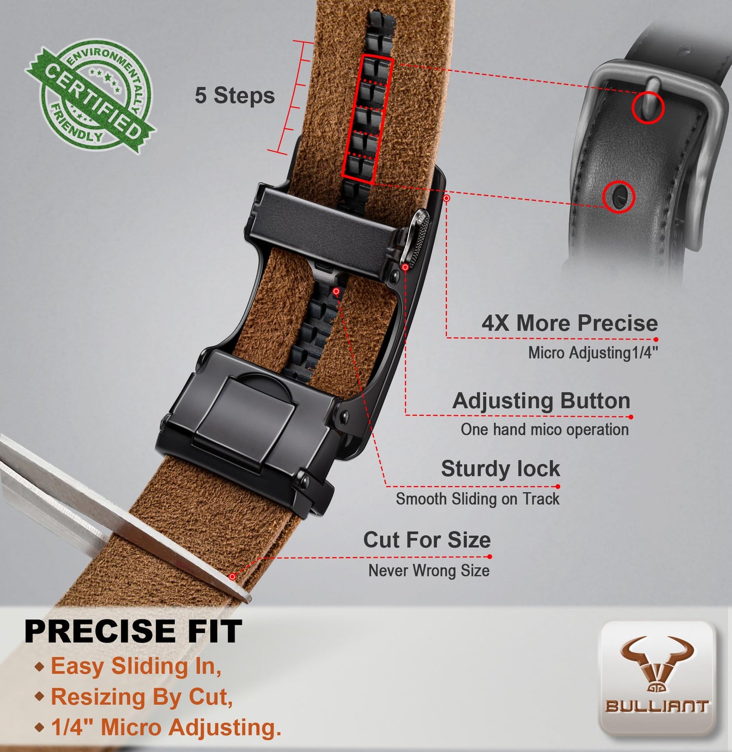 BULLIANT Men Ratchet Belt,Full Grain Leather Adjustable Belt Gift For Men Dress Casual Jeans-Cut For Fit(Pecan Pie,32"-38" Waist Adjustable)