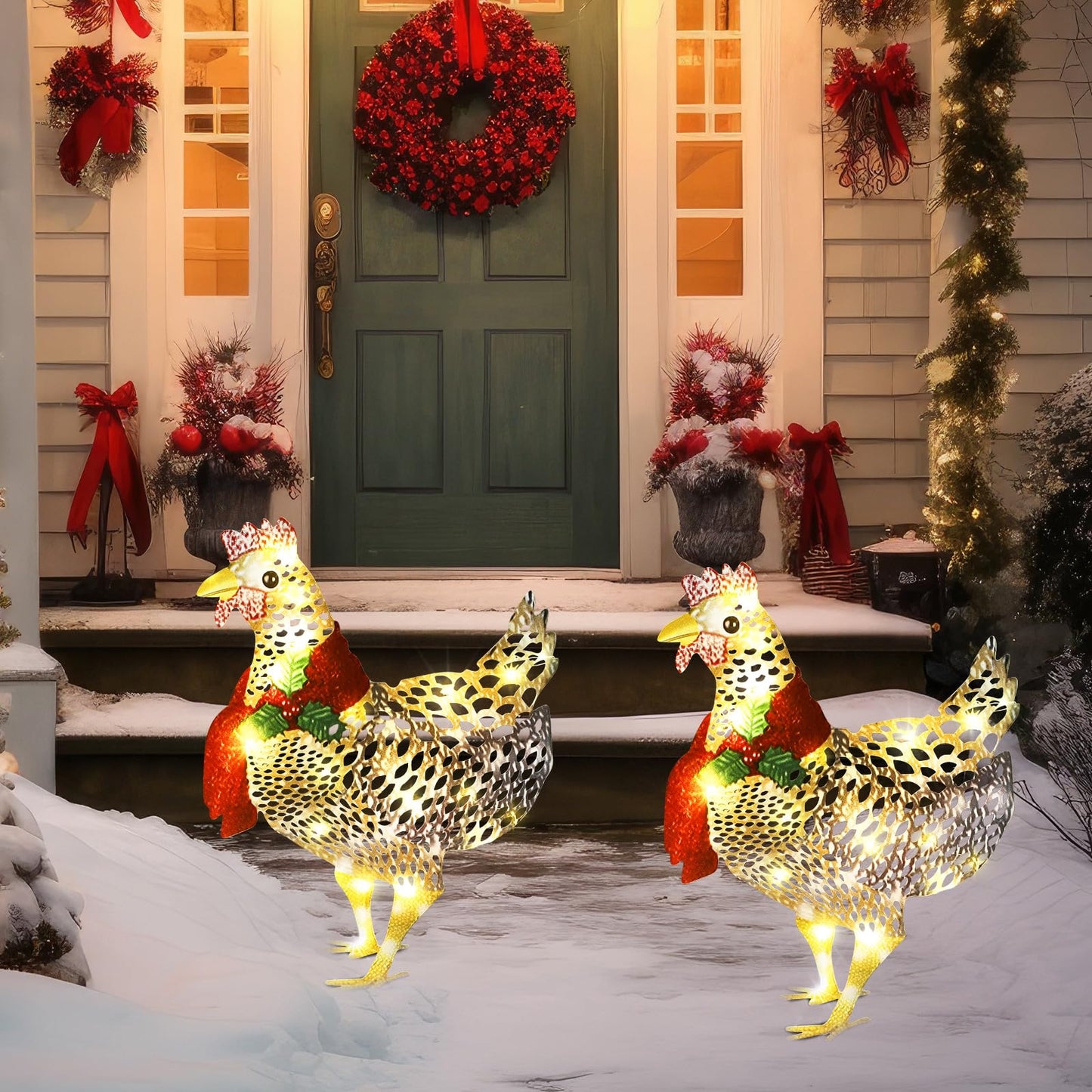 Shellwei 2 Pcs Light up Chicken with Scarf Christmas Decoration Metal Chicken Ornaments with 60 LED Lights Christmas Rooster with Stakes for Xmas Yard Garden Patio Lawn Outdoor Decor