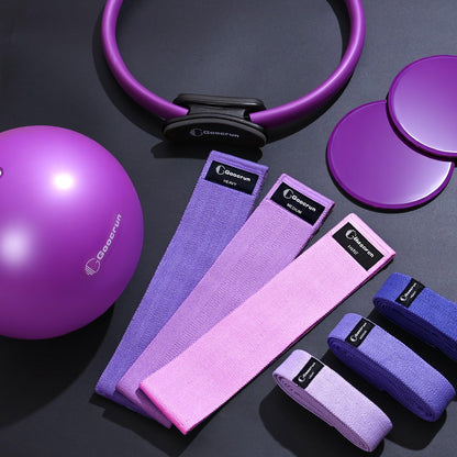 Goocrun Pilates Ring Set Exercise Equipment, with Fabric Resistance Bands Set, Pilates Ball, Sliding Disks. Portable Home Gym - with Fitness Guide Poster (Purple)