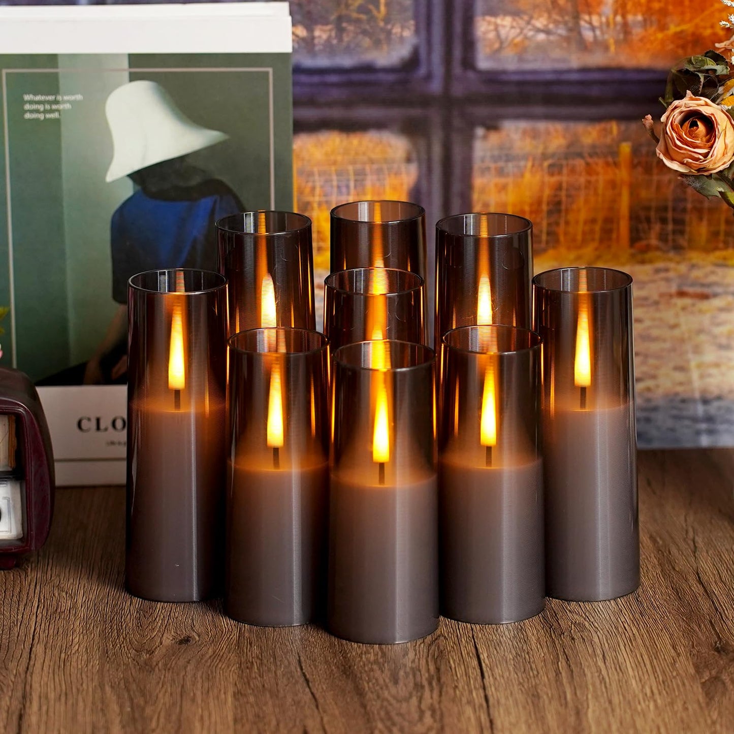 Sasigeiaa Flickering Flameless Candles,Battery Operated, Flameless Candles with Remote, 2/4/6/8 Hour Timer, Realistic Jumping Flame Effect, Perfect for Home Decor, Holiday Decoration Pcs 9 (Grey)