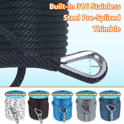 3/8 Inch 50 FT Anchor Rope, Boat Anchor Rope Solid Braid MFP, Anchor Line with 316 Stainless Steel Thimble and Snap Hook - Black