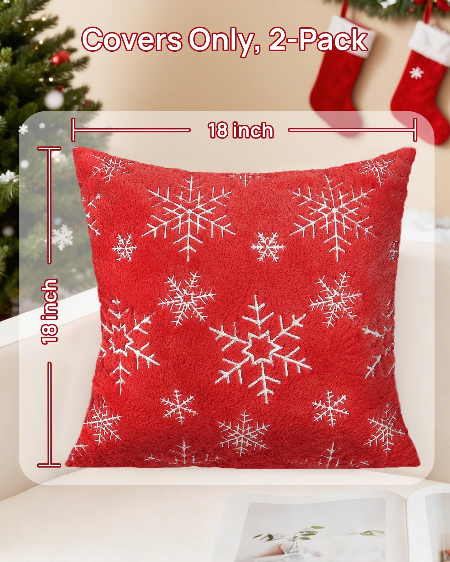 Feagar Christmas Pillow Covers 18x18 2-Pack, Xmas Decorations Soft Plush Faux Fur Wool Snowflake Throw Pillow Cases Holiday Festivals Winter Home Decor for Sofa Bedroom Living Room