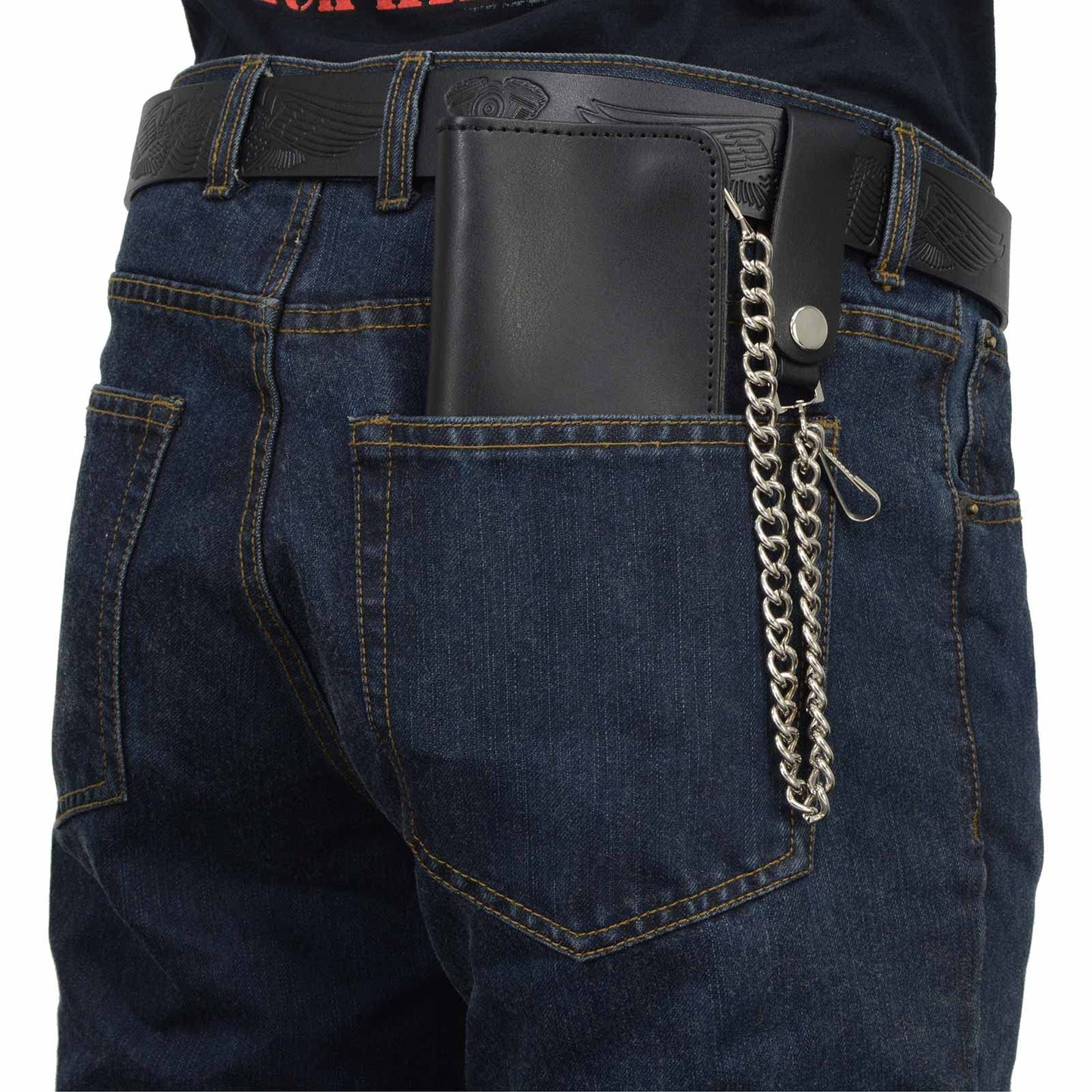 Milwaukee Leather Men's Genuine Leather Tri-Fold Biker Wallet w/Anti-Theft Stainless Steel Chain - 4 Inch