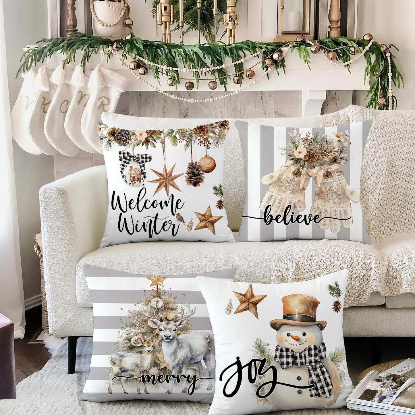 Artmag Christmas Pillow Covers 16x16 inch Set of 4 Snowman Gloves Welcome Winter Grey White Strip Christmas Throw Pillow Covers Winter Farmhouse Decoration for Home