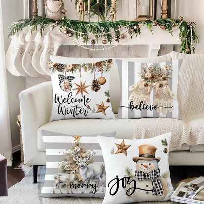 Artmag Christmas Pillow Covers 16x16 inch Set of 4 Snowman Gloves Welcome Winter Grey White Strip Christmas Throw Pillow Covers Winter Farmhouse Decoration for Home