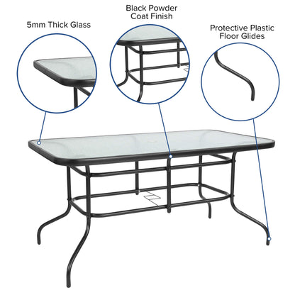 Flash Furniture Tory 31.5" x 55" Rectangular Tempered Glass Metal Patio Table with Umbrella Hole, Modern Rippled Glass Outdoor Dining Table, Black