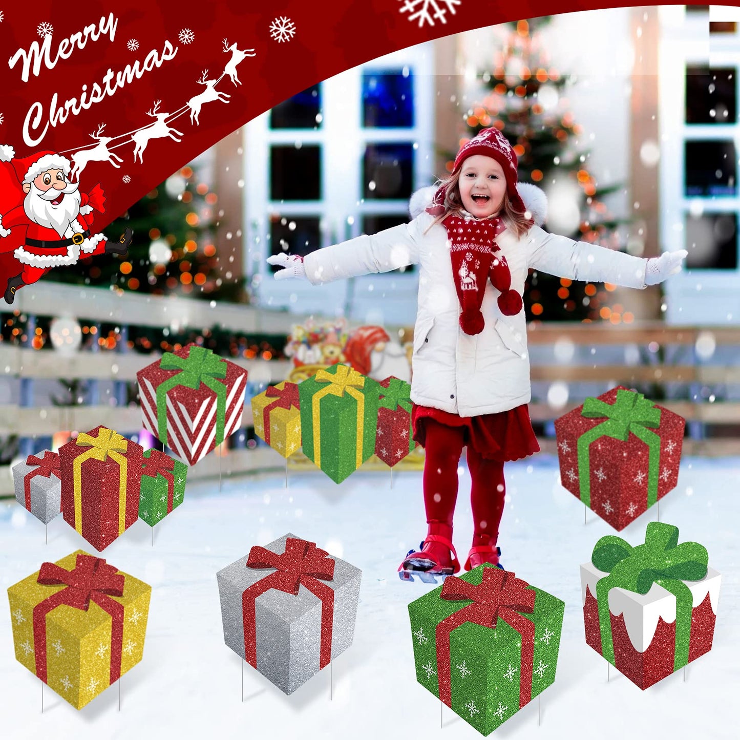 8 Pieces Christmas Yard Signs Glitter Gift Box Outdoor Lawn Decorations with 16 Stakes Funny Holiday Present Box Yard Decorations for Christmas Home Lawn Party Supplies