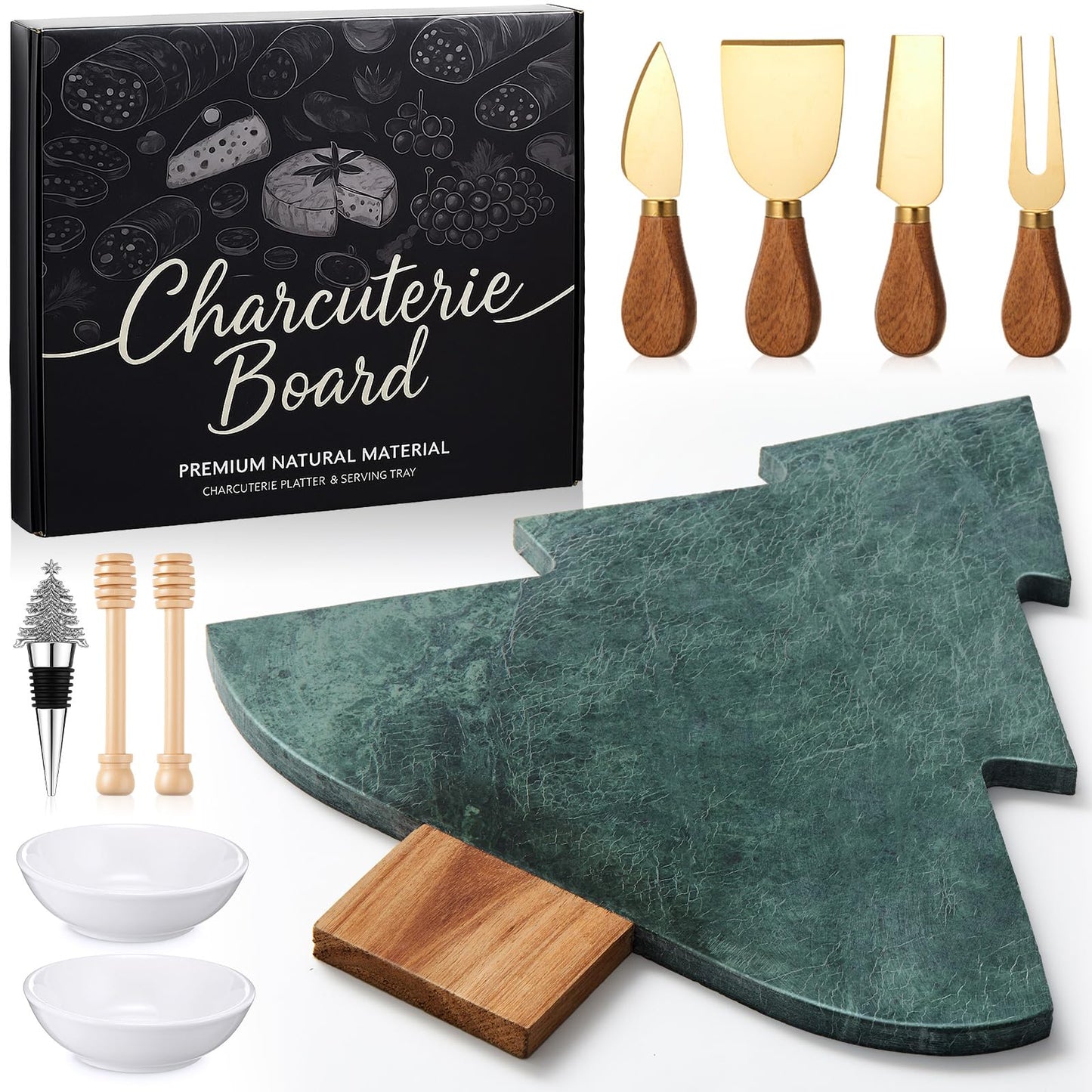 10 Pcs Christmas Tree Charcuterie Board Gift Set with Marble Wood Cutting Serving Tray Cheese Knives Fork Honey Stick Wine Stopper Flavoring Dish Kitchen Utensils Gifts for Xmas Holiday Party Favor