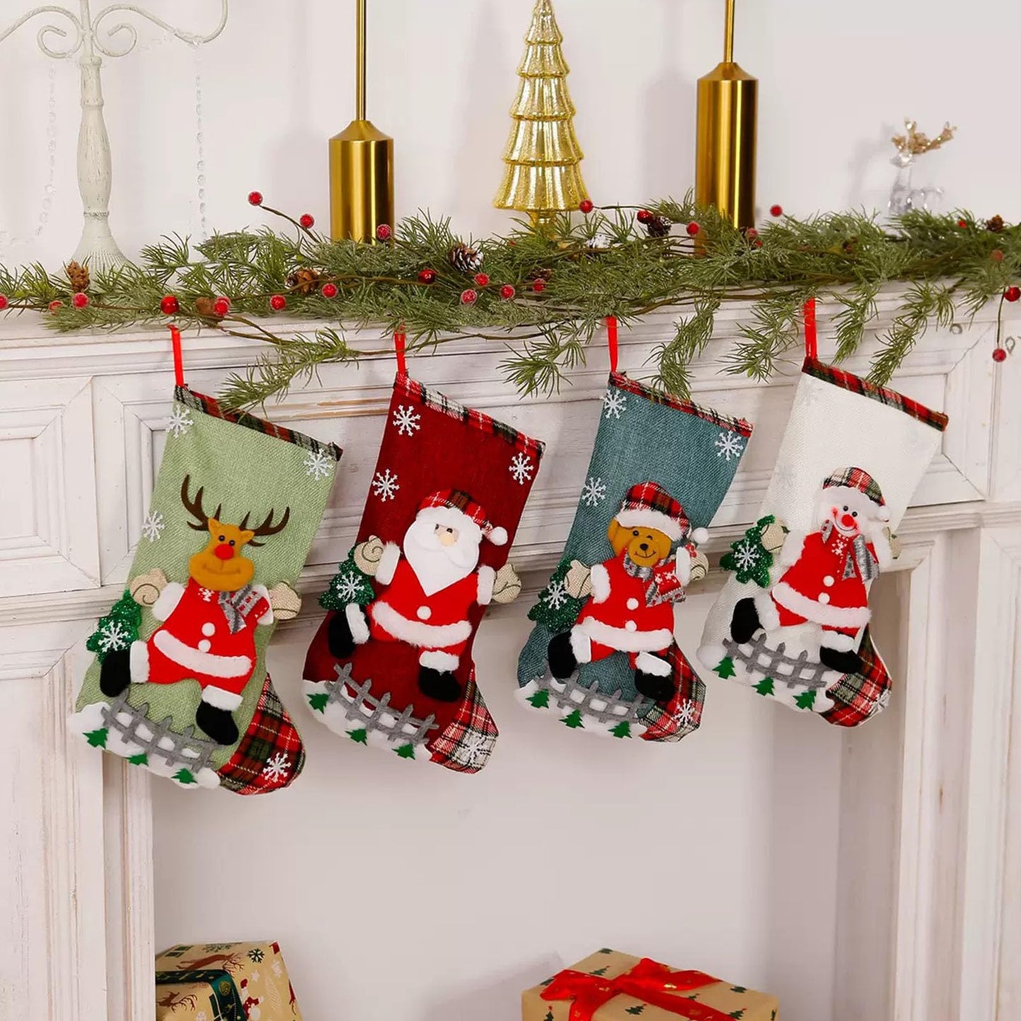 Poreids Christmas Stockings Personalized 4 Pack - Customized Small Xmas Stockings Bulk with Reindeer, Santa Claus, Snowman, Bear for Christmas Home Decorations, Set of 4