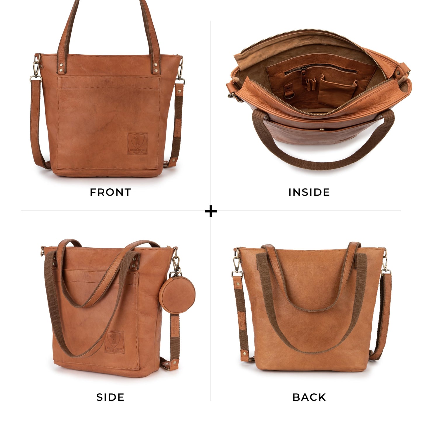 BERLINER BAGS Vintage Leather Shoulder Bag Verona, Large Handbag for Women - Brown