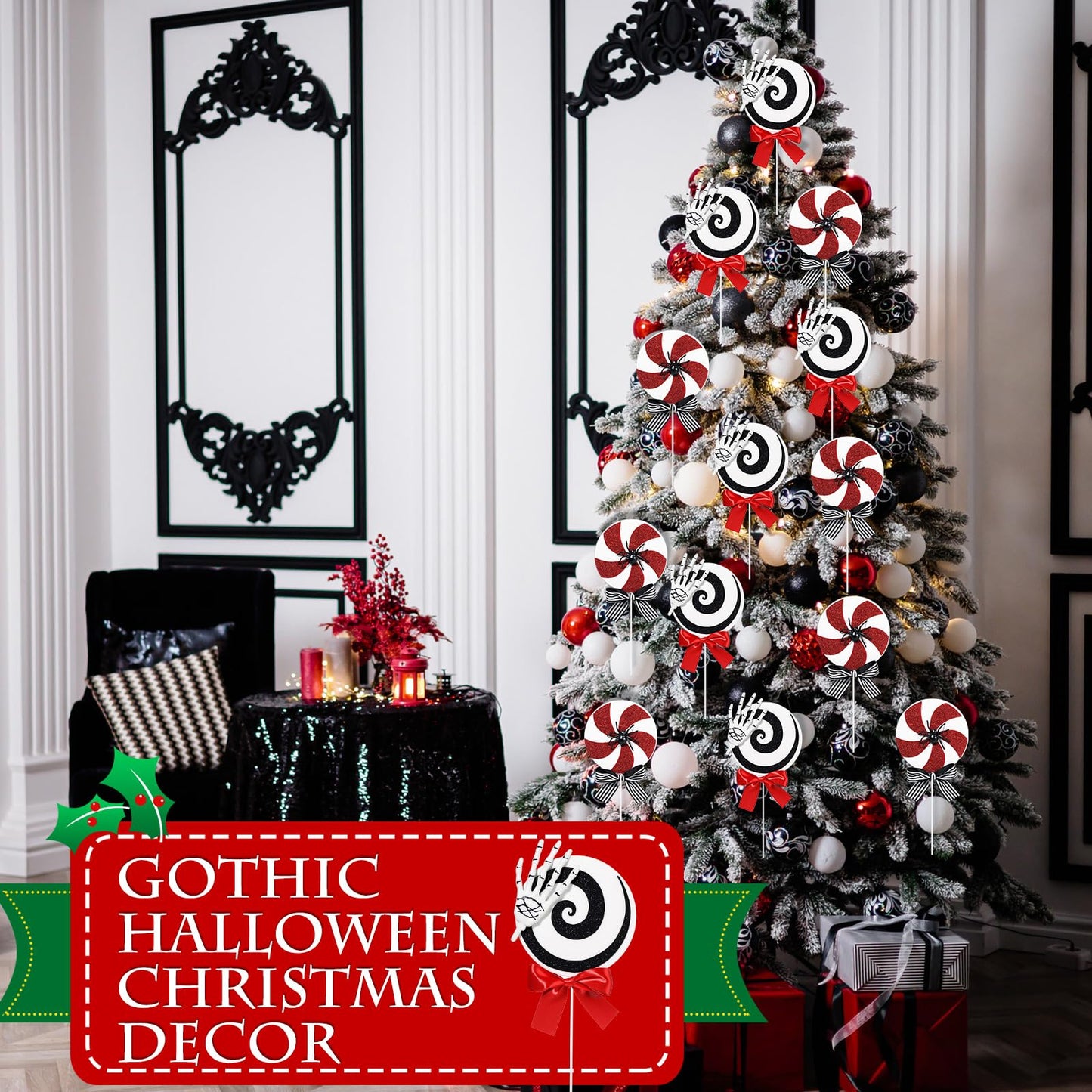 Gejoy 6 Pcs Black White and Red Christmas Ornaments Gothic Christmas Tree Picks Candy Cane Lollipop Double Sided Peppermint Lollipop Ornaments for Xmas Tree Topper Party Supplies Vase Decor