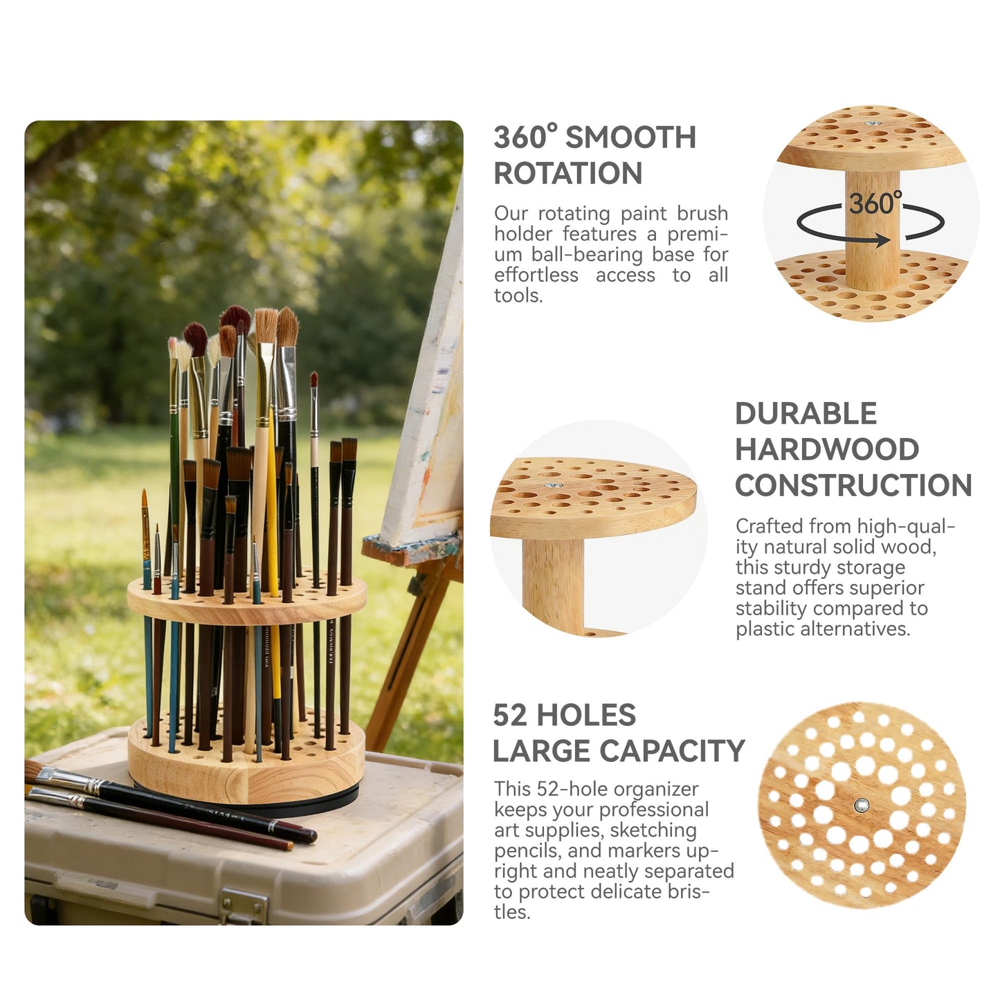 360 Rotating Paint Brush Holder, 52 Holes, Natural Wood