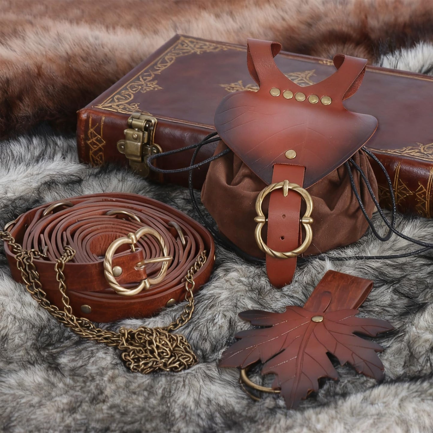 Minhuida 3PCS Medieva Adjustable Faux Leather Metal Chain Belt Set DIY, With leaf purse and skirt hike Clips, For Ren Faire & cosplay (Brown -A)