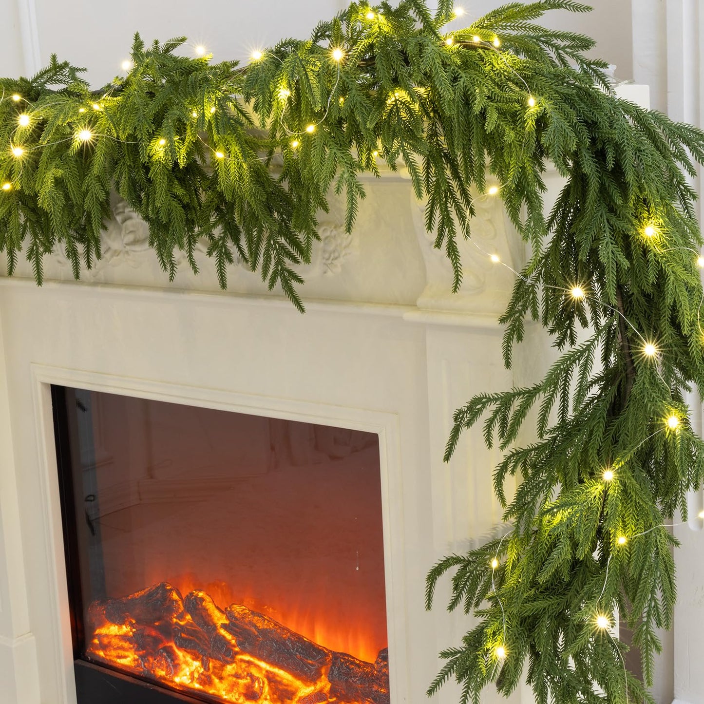 MISSPIN 9ft Christmas Garland with LED Lights, Real Touch Norfolk Pine Garland, Green Artificial Greenery Garland for Table, Mantle, String Light, Wall, Indoor, Outdoor Christmas Decorations