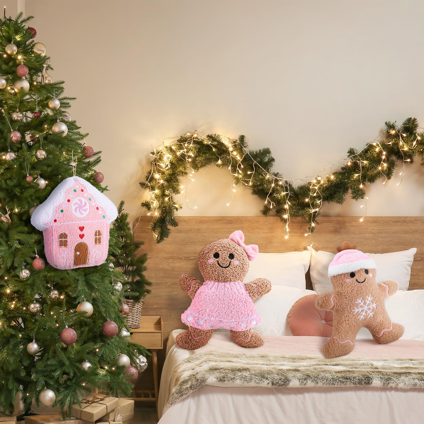 Konohan 3 Pcs Christmas Gingerbread Pillows House Man Throw Pillows Stuffed Gingerbread Shaped Pillow for Christmas Party Outdoor Cushion Decorations(Pink,Lovely Style)