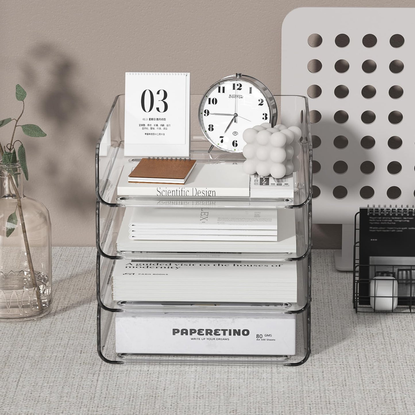 FANXIYQ 4-Tier Acrylic Paper Tray Organizer | Clear Stackable Desk Organizer for Documents, Letters, A4 Paper | Modern Office/Classroom/Home Organization