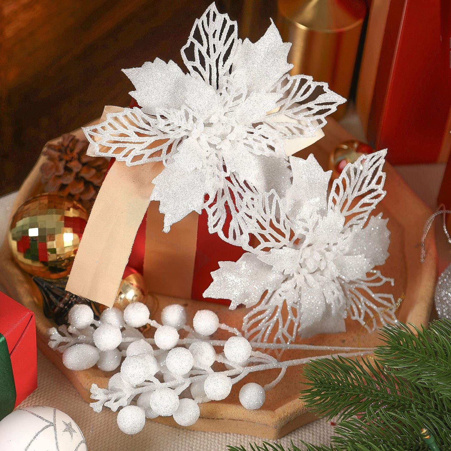 Alupssuc 24 PCS Christmas Tree Decorations, 12 PCS Poinsettia Flowers Artificial+6 PCS Glitter Holly Berry Stems+6 Berry Leaves Christmas Tree Picks for Party Wreath Fireplace, White