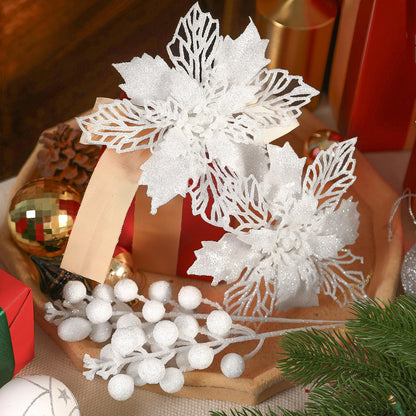 Alupssuc 24 Pcs Artificial Glitter Christmas Tree Picks, Boxed 12 Poinsettia Flowers+ 6 Berry Stems+ 6 Flowers Berry Leaves Decorations Set, Indoor Outdoor Holiday Ornaments Decor, White