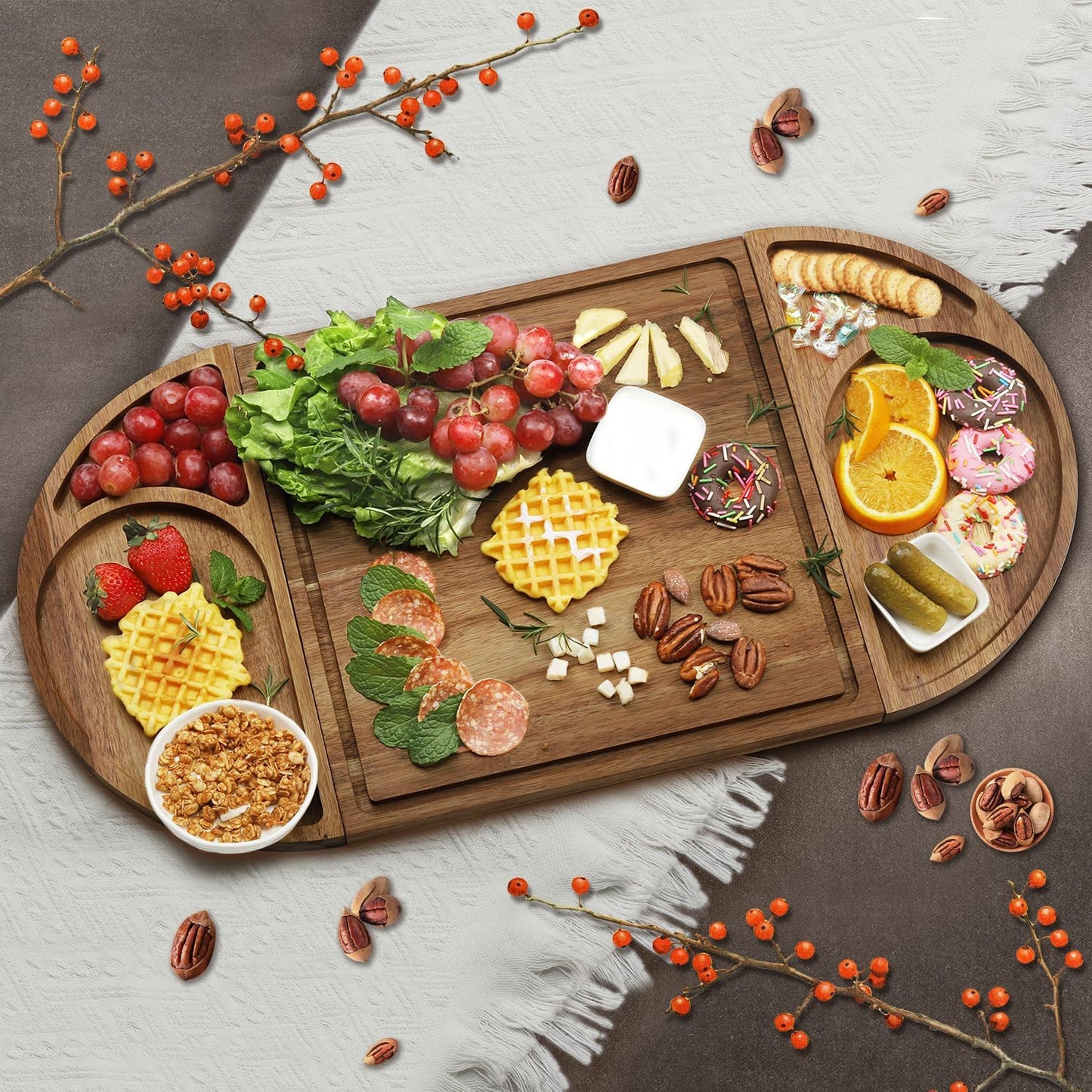 Extra Large Magnetic Charcuterie Board Cheese Board Gift Set 3 Part Square & Round & Heart Shaped Charcuterie Cheese Boards Wooden Tray Serving Board Platter for Valentine (Acacia-Wood)