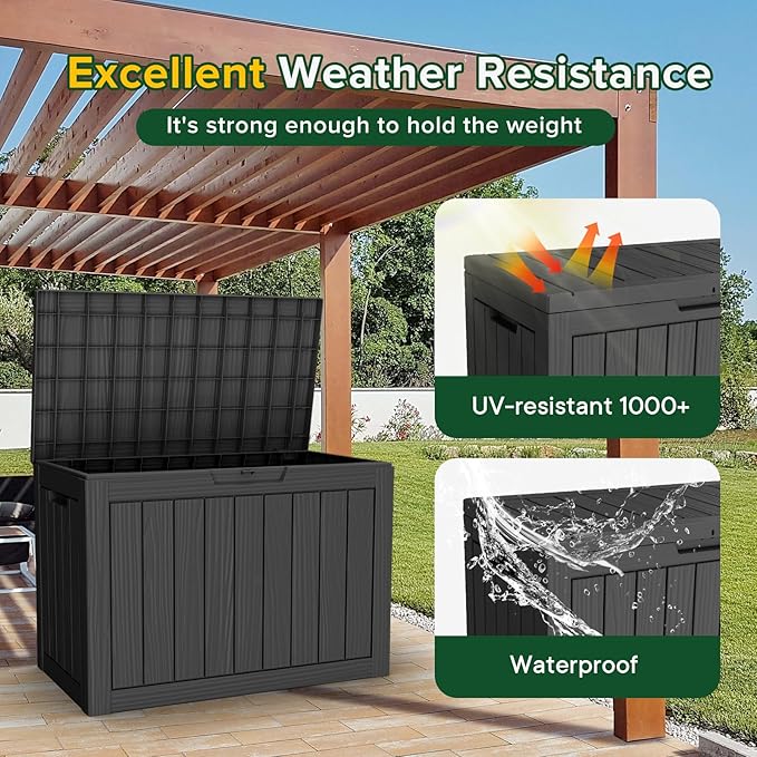 45 Gallon Waterproof Large Resin Deck Box Indoor/Outdoor Lockable Storage Container and Seating for Garden, Pool, and Patio (45 Gallon, Black)