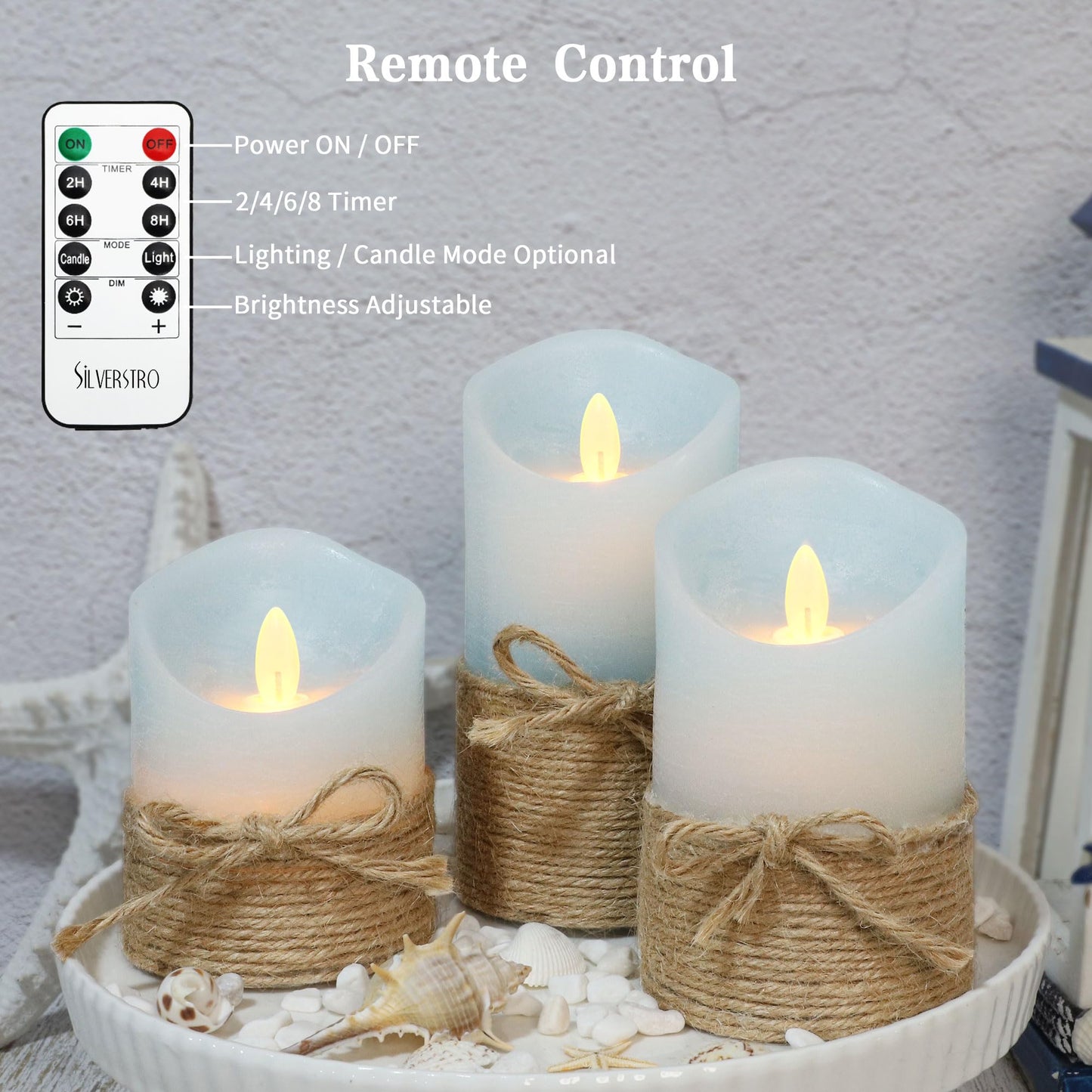 Silverstro Nautical Decor Ocean Blue Flameless Candles with Remote - Home Farmhouse Easter Spring Decorations - Set of 3 (D3.11 X H4 5" 6")