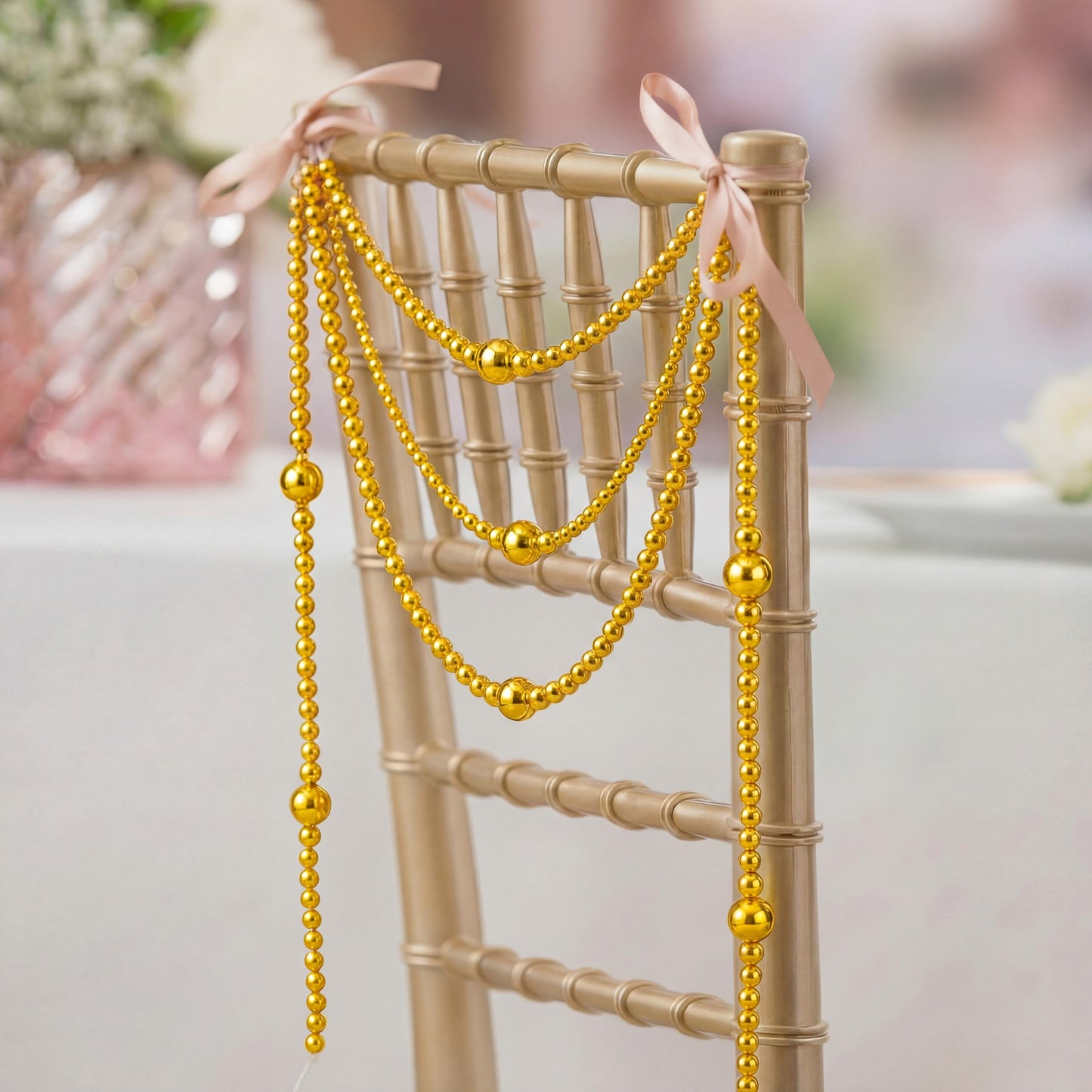 Yalikop 11.8 ft Gold Faux Pearl Beads Garland for Wedding Pearl Garland Strand Chain Wedding Decoration for Floral Centerpieces Bridesmaid Party Favor Mantel Fireplace Stairs