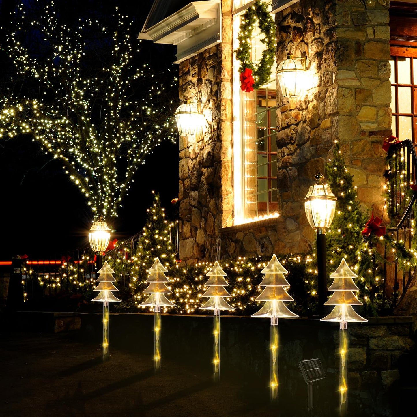 ILLUMINEW Christmas Solar Stake Lights, 5 Pack Waterproof Landscape Christmas Lights, Pathway Christmas Decorations, LED Lights for Yard Lawn Patio Walkway Decor (10PCS Tree-Warm White)