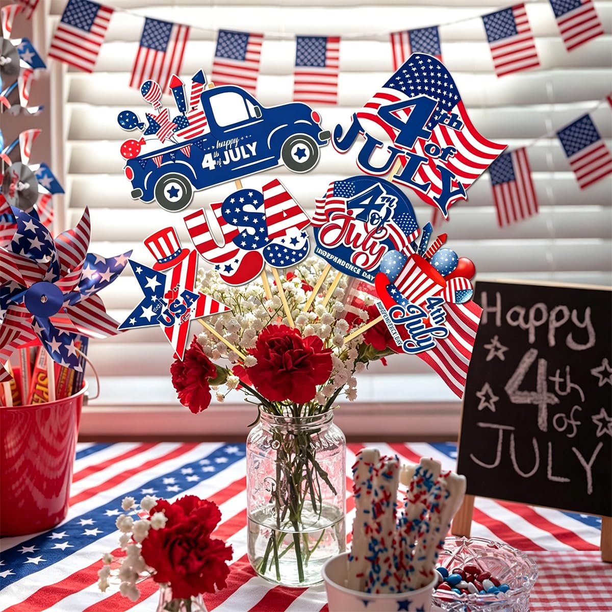 12 Pcs 4th of July Centerpiece Sticks Floral Picks Red White Blue American Flag Truck Stars Stripes Patriotic Cake Bouquet Tabletop Decoration for Independence Day Vase Filler Photo Prop Party