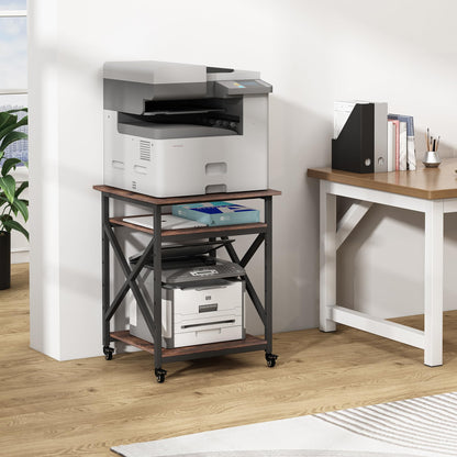 Fannova 23.6 x 23.6 Inches Large Printer Stand, 3 Tier Square Printer Table with Height Adjustable Storage Shelf, Rolling Printer Cart with Industrial Wheels for Home Office - Rustic Brown