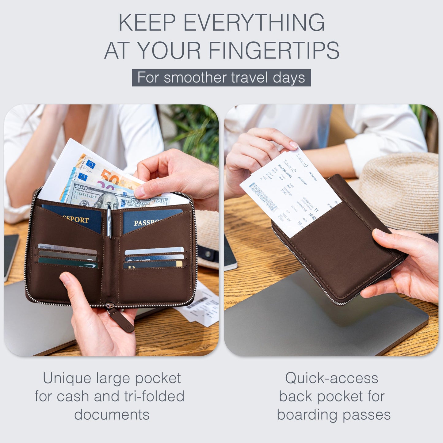 Travaci Full Grain Leather Passport Holder for 2 Passports - Dual Passport Holder and Travel Documents Organizer - RFID Travel Wallet for Couples - Dark Brown